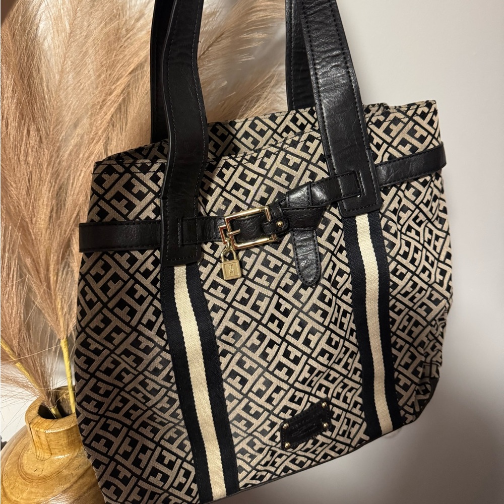 TOMMY Black and Cream Patterned Tote Bag